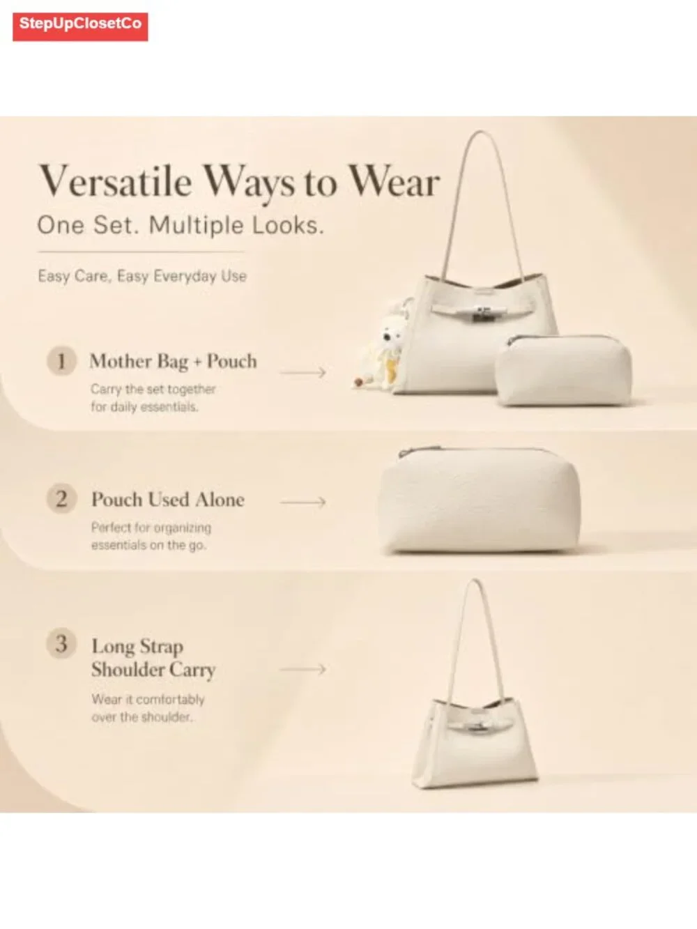 Pebbled PU Leather Tote with Pouch, Top Handle & Detachable Straps